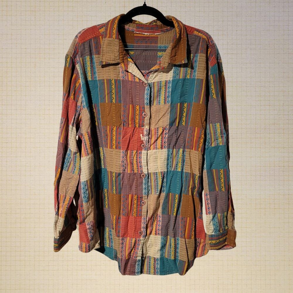 Boho 90s Patchwork Embroidered Cotton Oversized Shirt XL Bleach Stain 39B 50W 29